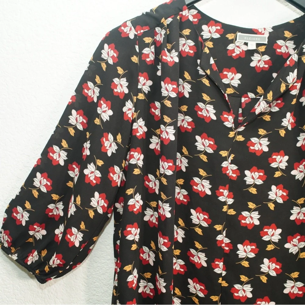 Pleione Blouse Womens Large 3/4 Long Sleeve Black Floral Print Shirt Lightweight - Picture 4 of 12